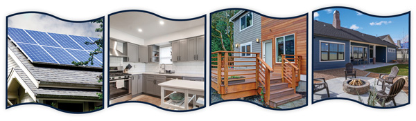 Image of a house roof with solar panels; Image of a newly remodeled kitchen; Image of a new deck on the back of a house; Image of a landscaped patio with fire pit in a backyard